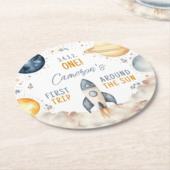 Outer Space First Trip Around The Sun Boy Birthday Round Paper Coaster (Angled)
