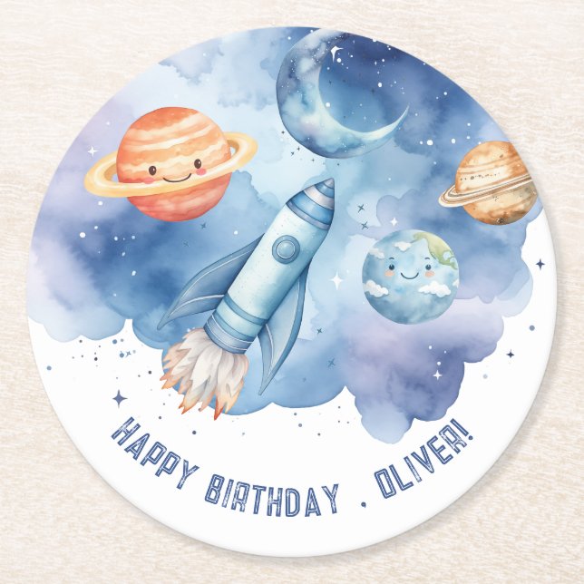 Outer Space First trip around the sun Boy birthday Round Paper Coaster (Front)