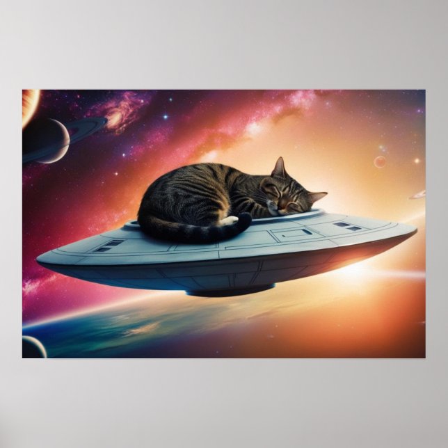 Outer Space Flying Saucer Cat Poster (Front)