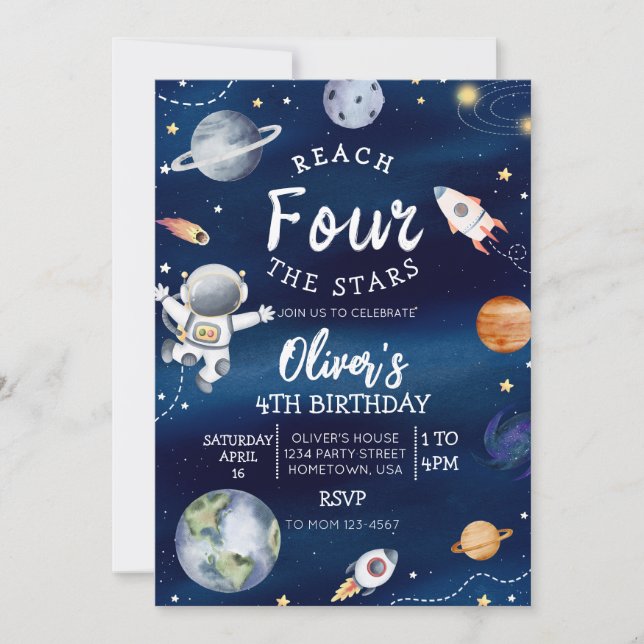 Outer Space Fourth Birthday Invitation Reach Four  (Front)