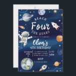 Outer Space Fourth Birthday Invitation Reach Four<br><div class="desc">Get ready to blast off into a stellar celebration with this Outer Space Fourth Birthday Invitation! Reach for the stars and bring the galaxy to life with this out-of-this-world design featuring astronauts and space exploration. This Invitation is perfect for your little one's special day. Let the countdown begin to an...</div>