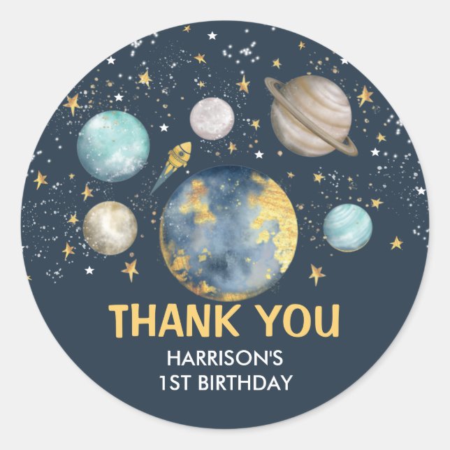 Outer Space Galaxy Moon Stars Baby Boy Birthday Classic Round Sticker (Front)