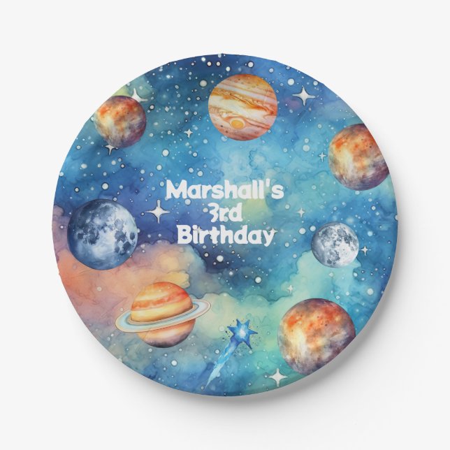 Outer Space Galaxy Planets Solar System Birthday Paper Plate (Front)