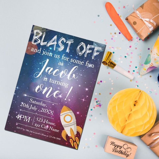 Outer Space Galaxy Rocket Ship 1st Birthday  Party Invitation (Creator Uploaded)