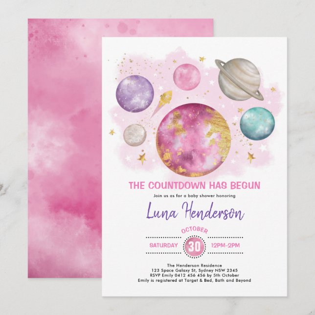 Outer Space Girl Baby Shower Moon Stars Galaxy Invitation (Front/Back)