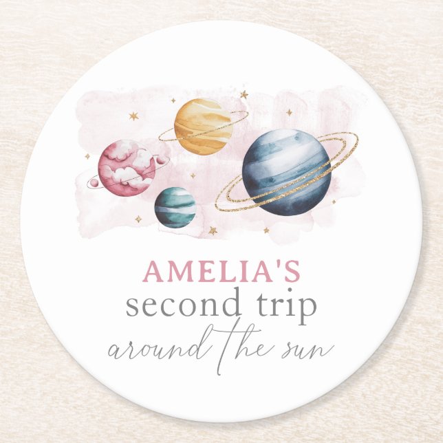 Outer Space Girl Birthday Galaxy Stars Planets Round Paper Coaster (Front)