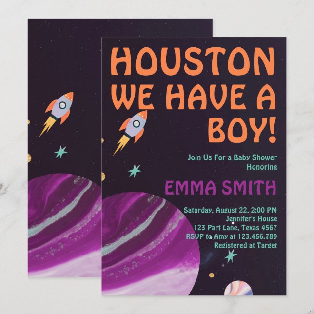 Outer Space Houston We Have A Boy Baby Shower Invitation (Front/Back)