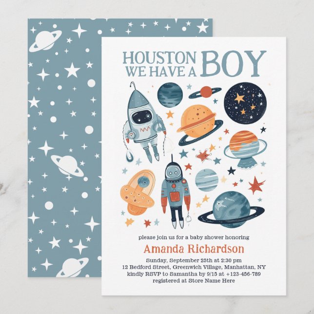 Outer Space Houston We Have A Boy Baby Shower Invitation (Front/Back)