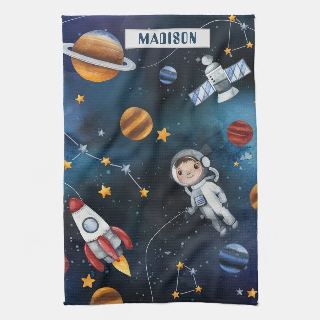 Outer Space Illustration and Space Man Kitchen Towel (Vertical)