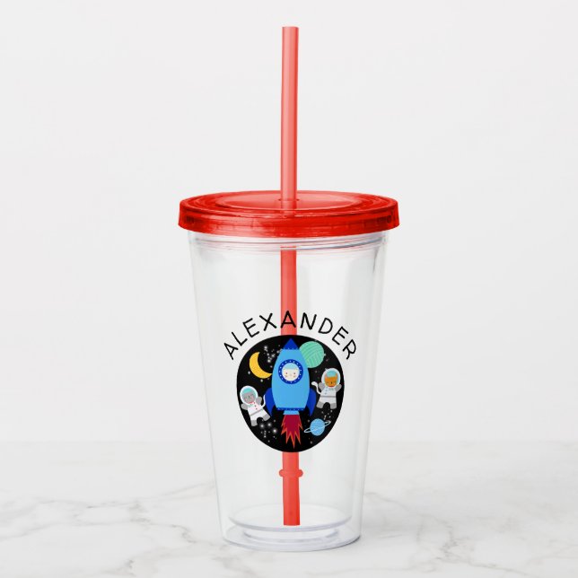 Outer Space Kitten Cat Astronaut Kids Personalized Acrylic Tumbler (Front)