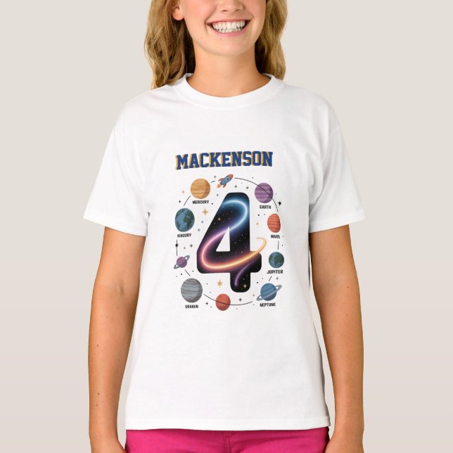 Outer space personalized name 4 Birthday party  T-Shirt (Front)