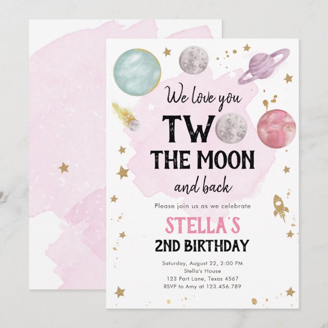 Outer Space Planet Girl Second Birthday Invitation (Front/Back)