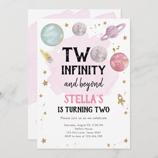 Outer Space Planet Girl Second Birthday Invitation (Front/Back)