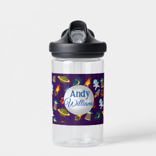 Outer Space Planet Rocket ship Cartoon Pattern  Water Bottle