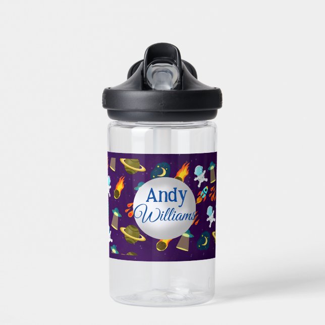 Outer Space Planet Rocket ship Cartoon Pattern  Water Bottle (Front)