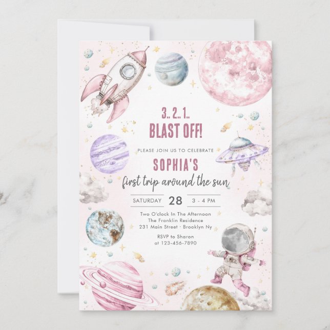 Outer Space Planets Astronaut Girl Birthday Invitation (Front)