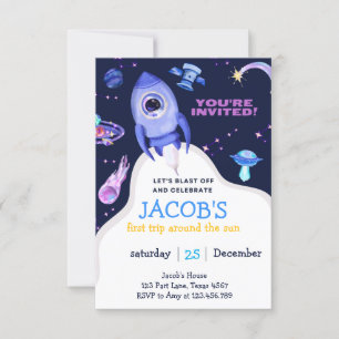 Outer Space Planets Boy First Birthday Invitation