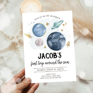 Outer Space Planets Boy First Birthday Invitation