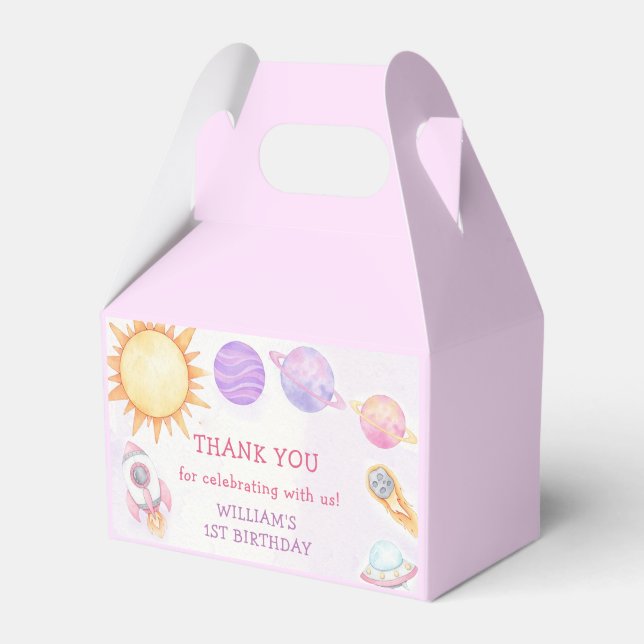 Outer Space Planets Boy Galaxy First Trip Birthday Favor Box (Front Side)