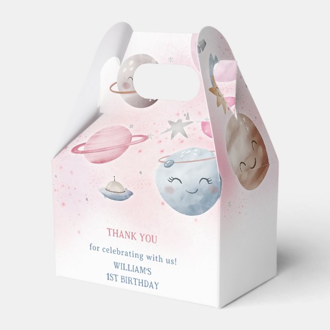 Outer Space Planets Boy Galaxy First Trip Birthday Favor Box (Front Side)