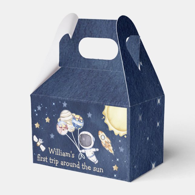 Outer Space Planets Boy Galaxy First Trip Birthday Favor Box (Front Side)