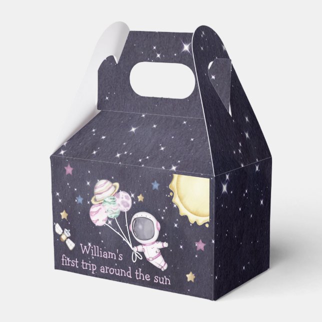 Outer Space Planets Boy Galaxy First Trip Birthday Favor Box (Front Side)