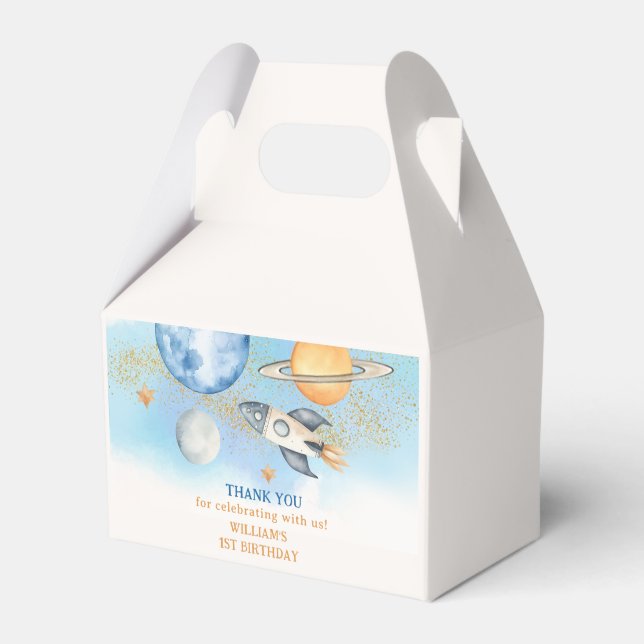Outer Space Planets Boy Galaxy First Trip Birthday Favor Box (Front Side)