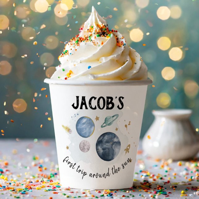 Outer Space Planets Galaxy First Trip Boy Birthday Paper Cups (Creator Uploaded)
