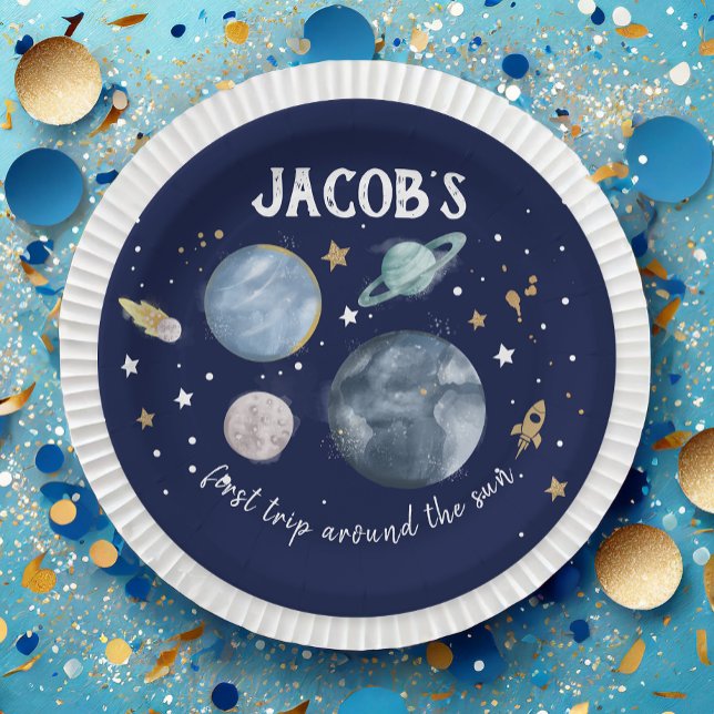 Outer Space Planets Galaxy Gold Blue Boy Birthday Paper Plate (Creator Uploaded)