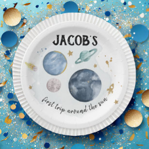 Outer Space Planets Galaxy Gold Blue Boy Birthday Paper Plate