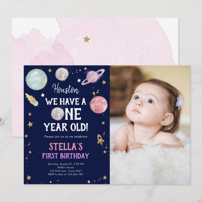 Outer Space Planets Girl First Birthday Invitation (Front/Back)