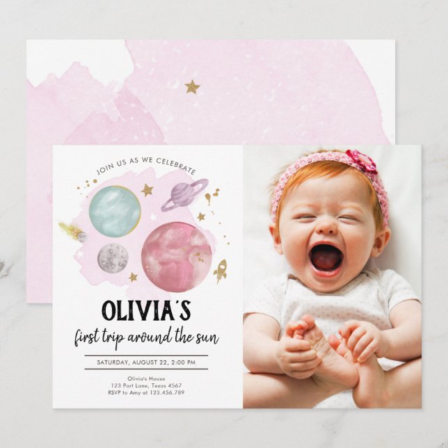 Outer Space Planets Girl First Birthday Invitation (Front/Back)