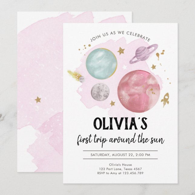 Outer Space Planets Girl First Birthday Invitation (Front/Back)