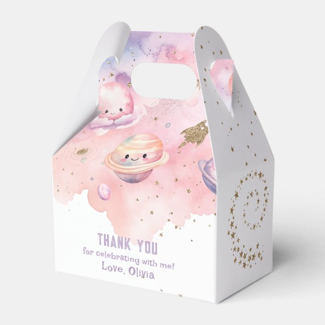 Outer Space planets Pink girl birthday Favor Box (Front Side)