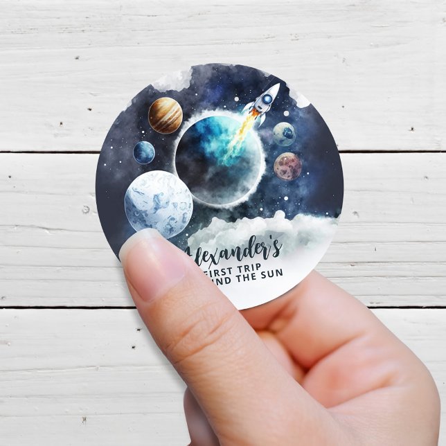 Outer Space Planets & Rocket Ship Birthday Classic Round Sticker (Creator Uploaded)