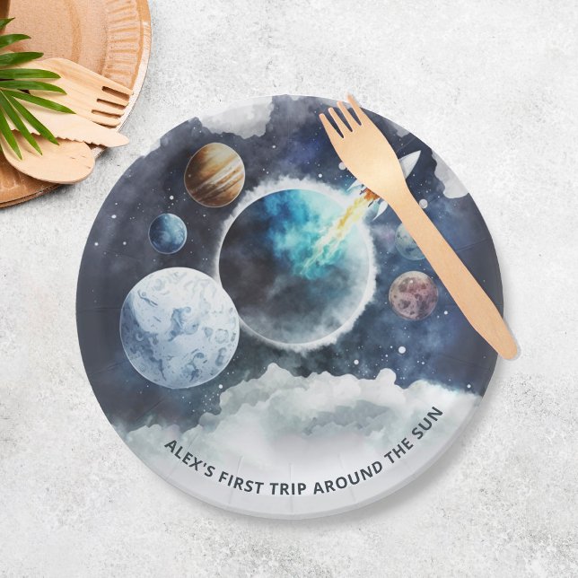 Outer Space Planets & Rocket Ship Boy 1st Birthday Paper Plate (Creator Uploaded)