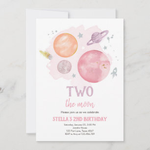 Outer Space Planets Two The Moon Girl Birthday Inv Invitation