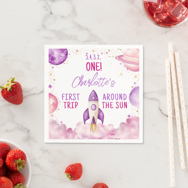 Outer Space Purple First Birthday Napkin (Insitu)