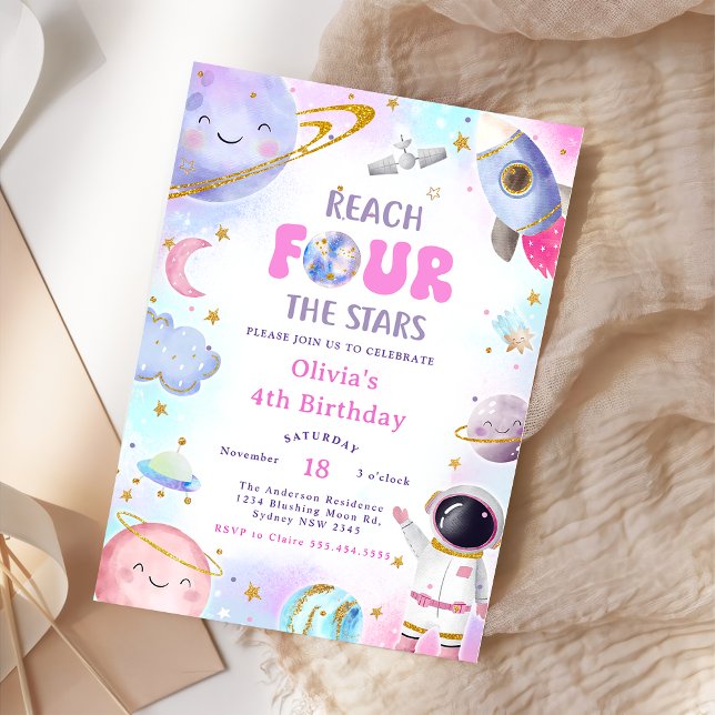 Outer Space Reach FOUR the Stars 4th Birthday Moon Invitation (Creator Uploaded)