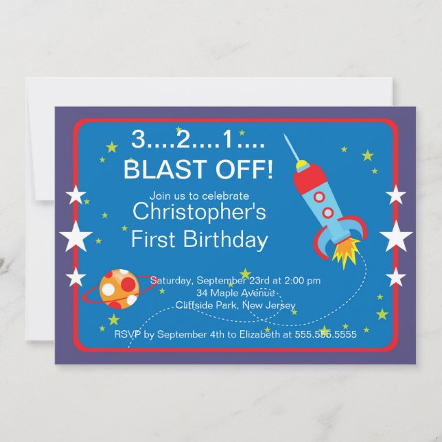 Outer Space Rocket Birthday Party Invitations (Front)