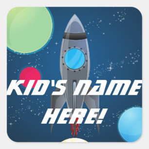 Outer Space Rocket Custom Name School Classrom Square Sticker