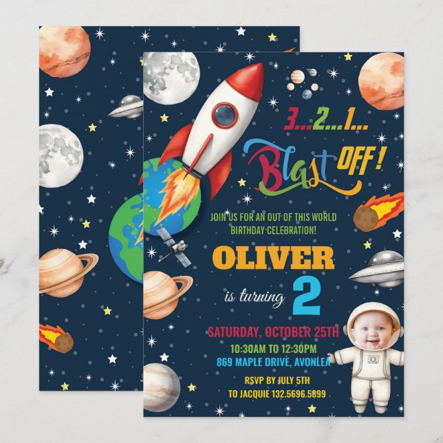 Outer Space Rocket Planet Astronaut Birthday Photo Invitation (Front/Back)