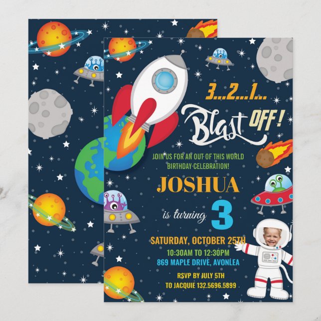 Outer Space Rocket Planet Astronaut Birthday Photo Invitation (Front/Back)