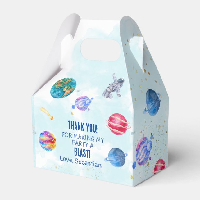Outer Space Rocket Planets blue boy Birthday Favor Box (Front Side)