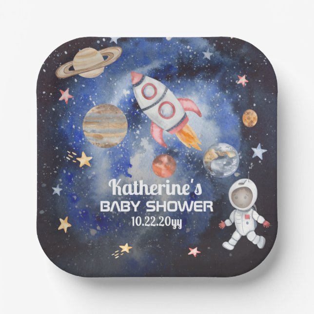 Outer Space Rocket Planets Boy Baby Shower Paper Plate (Front)