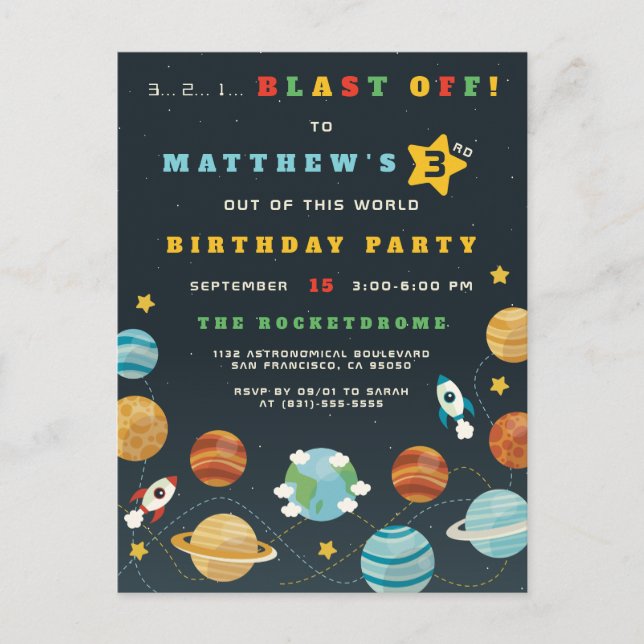 Outer Space Rocket & Planets Boys Birthday Party Invitation Postcard (Front)