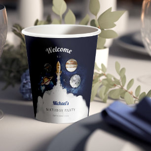 Outer Space Rocket Planets Galaxy Blue Boy Paper Cups