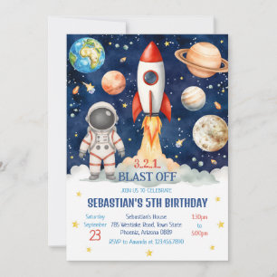 Outer Space Rocket Ship Astronaut Galaxy Birthday  Invitation