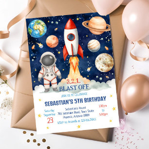 Outer Space Rocket Ship Astronaut Galaxy Birthday  Invitation