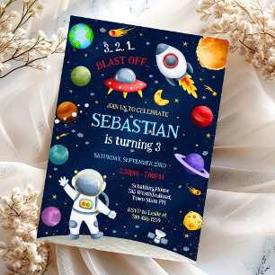 Outer Space Rocket Ship Astronaut Galaxy Birthday  Invitation